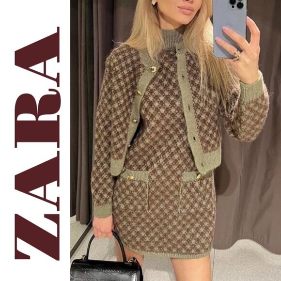 ZARA BLOGGER FAVE Wool Houndstooth Mock Neck Mini Sweater Dress, Large - Picture 5 of 12